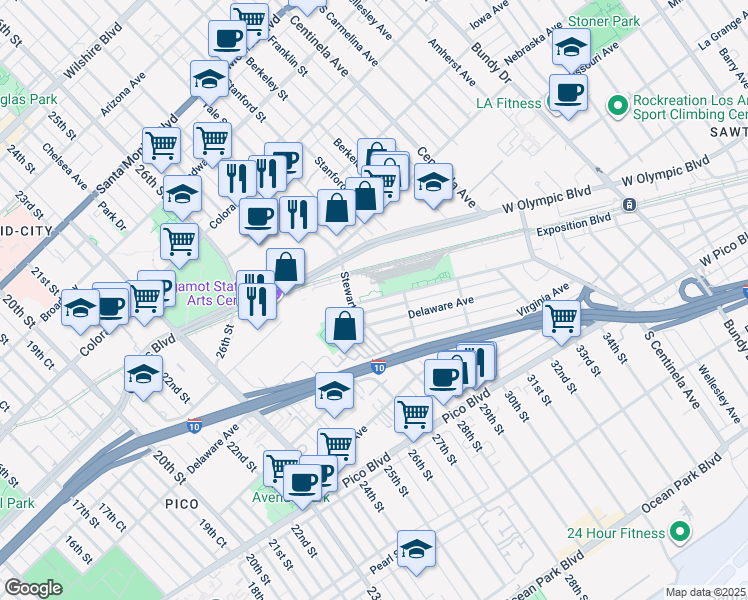 map of restaurants, bars, coffee shops, grocery stores, and more near 1831 Stewart Street in Santa Monica