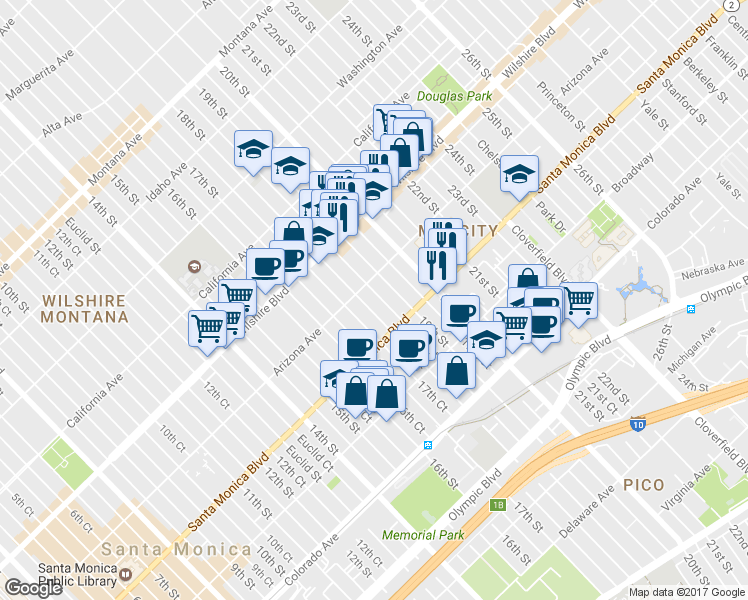 map of restaurants, bars, coffee shops, grocery stores, and more near 1311 19th Street in Santa Monica
