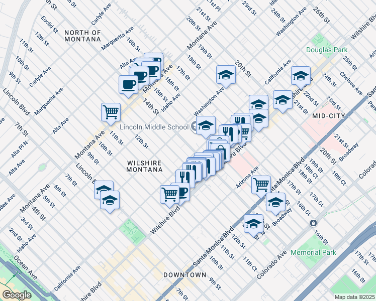 map of restaurants, bars, coffee shops, grocery stores, and more near 1501 California Avenue in Santa Monica