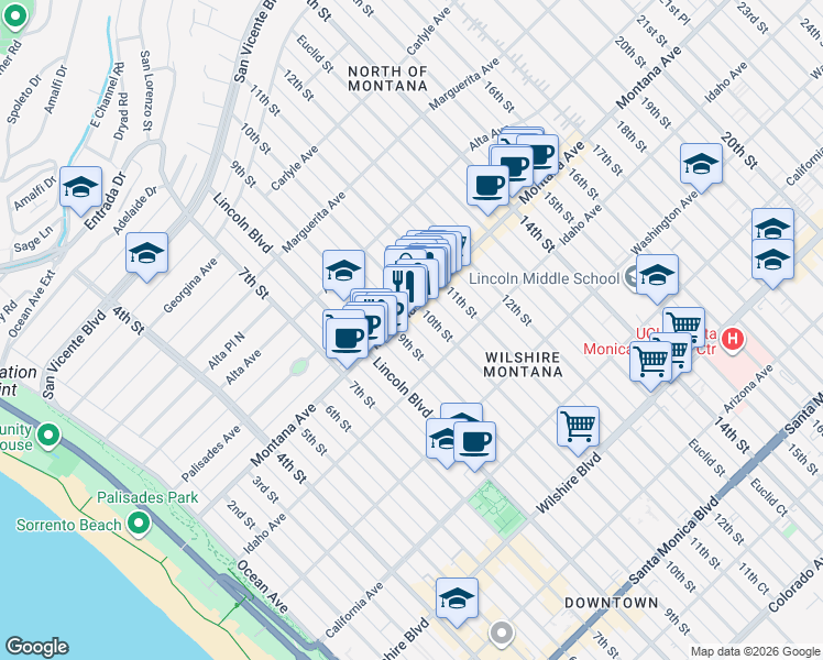 map of restaurants, bars, coffee shops, grocery stores, and more near 813 9th Street in Santa Monica