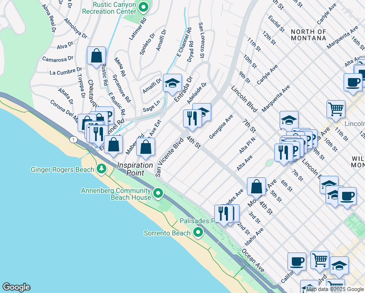 map of restaurants, bars, coffee shops, grocery stores, and more near in Santa Monica