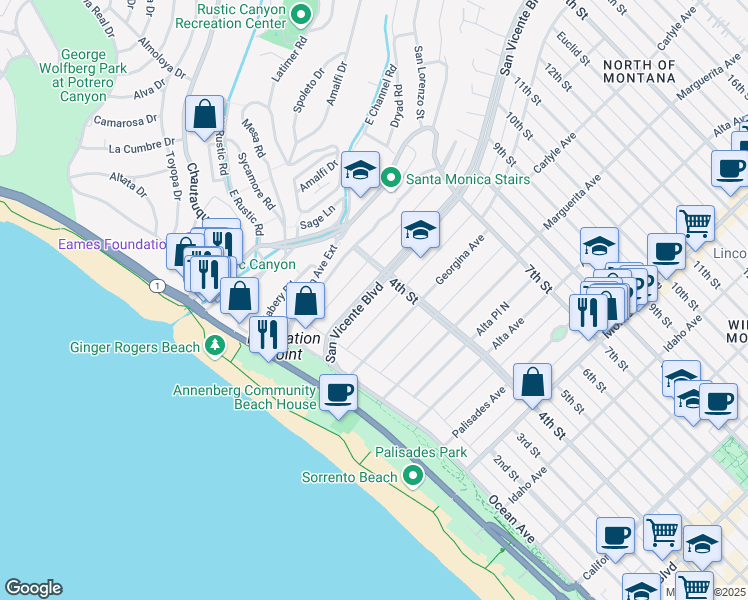 map of restaurants, bars, coffee shops, grocery stores, and more near 305 San Vicente Boulevard in Santa Monica