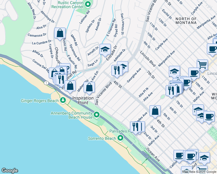 map of restaurants, bars, coffee shops, grocery stores, and more near 305 San Vicente Boulevard in Santa Monica