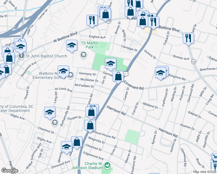map of restaurants, bars, coffee shops, grocery stores, and more near 2524 Maybelle Court in Columbia