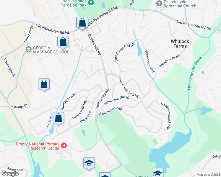 map of restaurants, bars, coffee shops, grocery stores, and more near 2607 Edgecrest Point in Lawrenceville