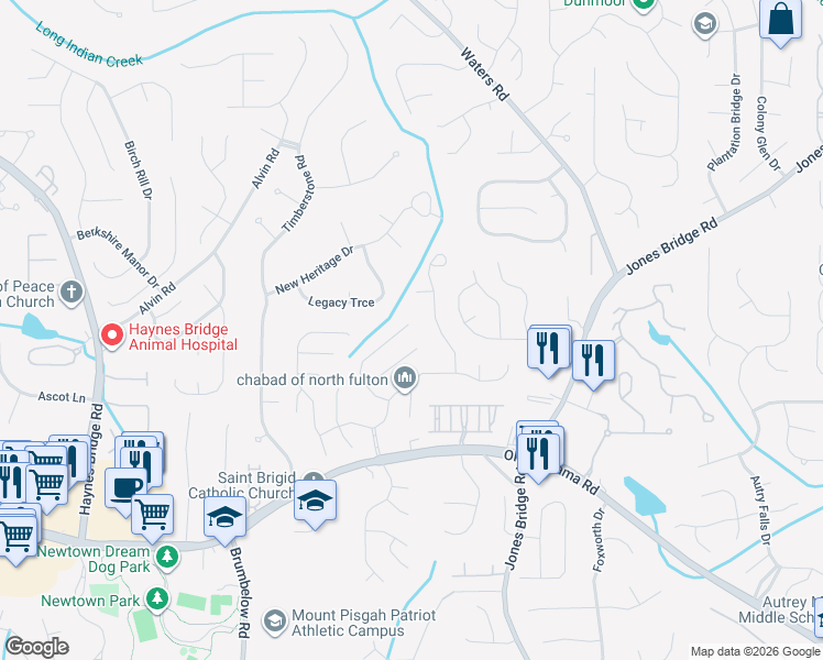 map of restaurants, bars, coffee shops, grocery stores, and more near 1075 Westwell Run in Alpharetta