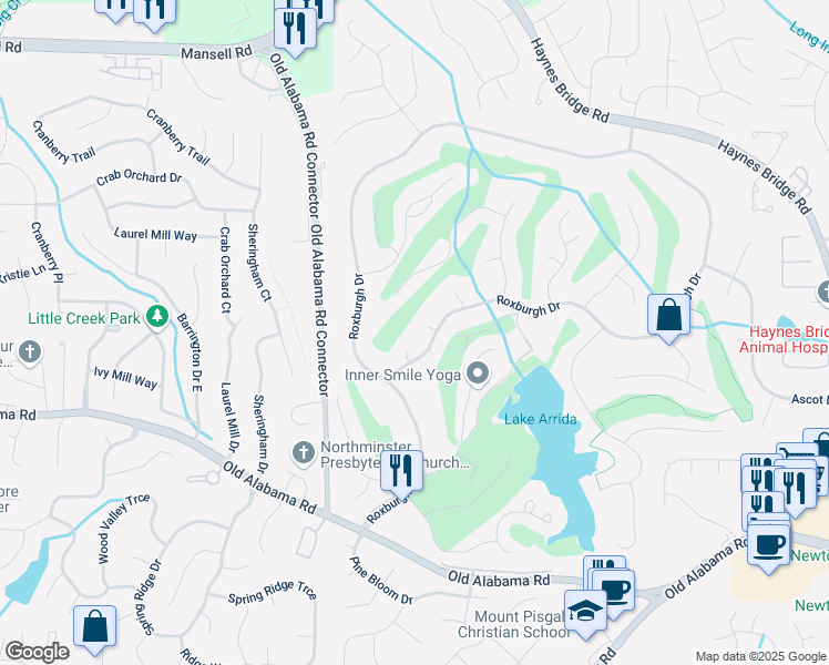 map of restaurants, bars, coffee shops, grocery stores, and more near 210 Malvern Place in Roswell