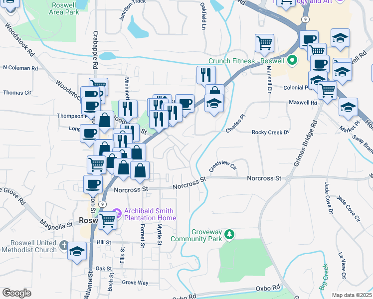 map of restaurants, bars, coffee shops, grocery stores, and more near 1602 Liberty Lane in Roswell