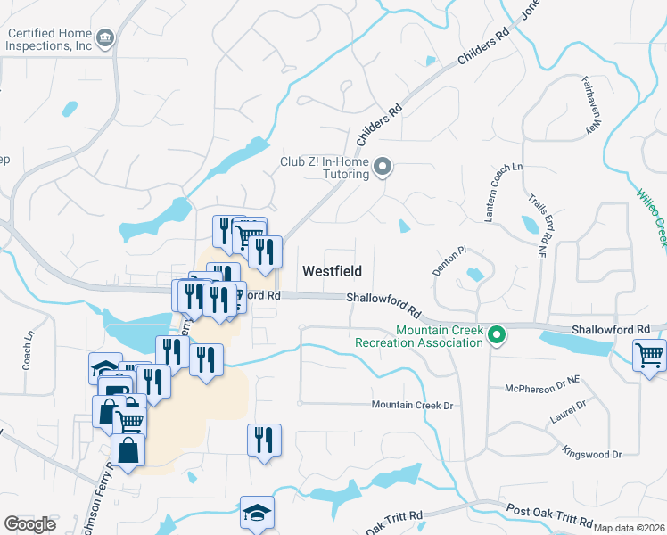 map of restaurants, bars, coffee shops, grocery stores, and more near 3180 Westfield Walk Northeast in Roswell
