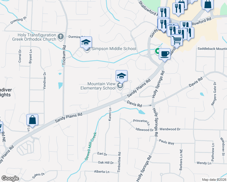 map of restaurants, bars, coffee shops, grocery stores, and more near 3240 Plains Way in Marietta