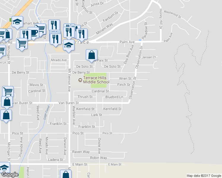 map of restaurants, bars, coffee shops, grocery stores, and more near 22760 Cardinal Street in Grand Terrace