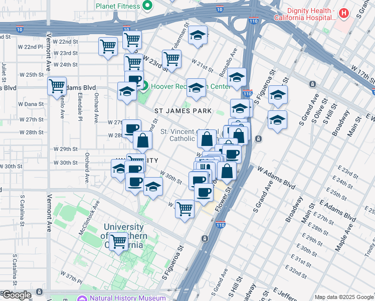 map of restaurants, bars, coffee shops, grocery stores, and more near 720 West 27th Street in Los Angeles