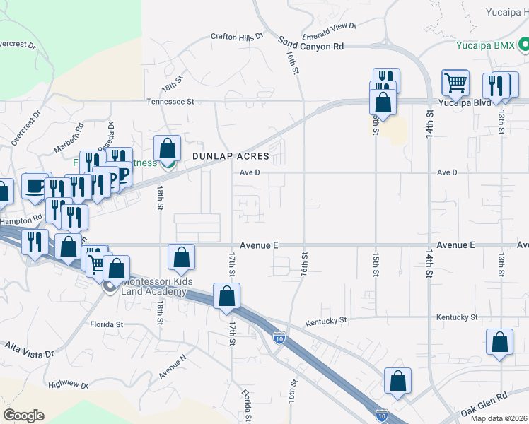 map of restaurants, bars, coffee shops, grocery stores, and more near 12323 Ross Place in Yucaipa