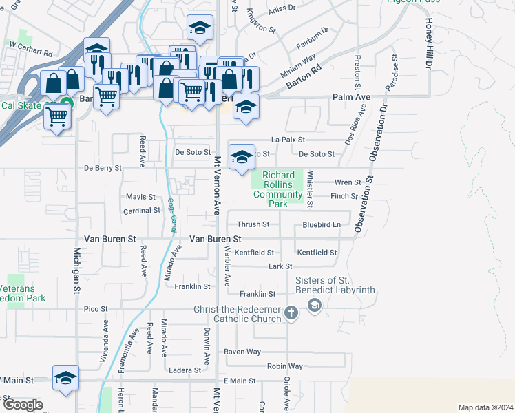 map of restaurants, bars, coffee shops, grocery stores, and more near 22616 Cardinal Street in Grand Terrace