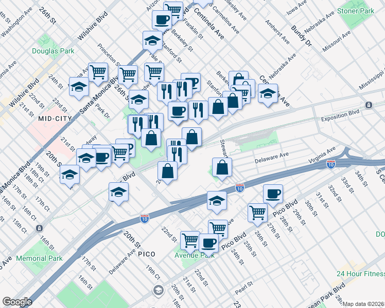 map of restaurants, bars, coffee shops, grocery stores, and more near 2525 Michigan Avenue in Santa Monica