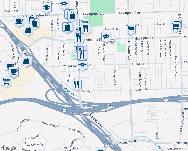 map of restaurants, bars, coffee shops, grocery stores, and more near 2405 Angela Street in Pomona