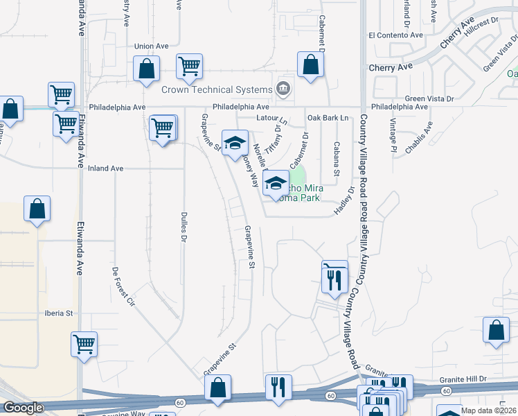 map of restaurants, bars, coffee shops, grocery stores, and more near 3347 Chardoney Way in Jurupa Valley