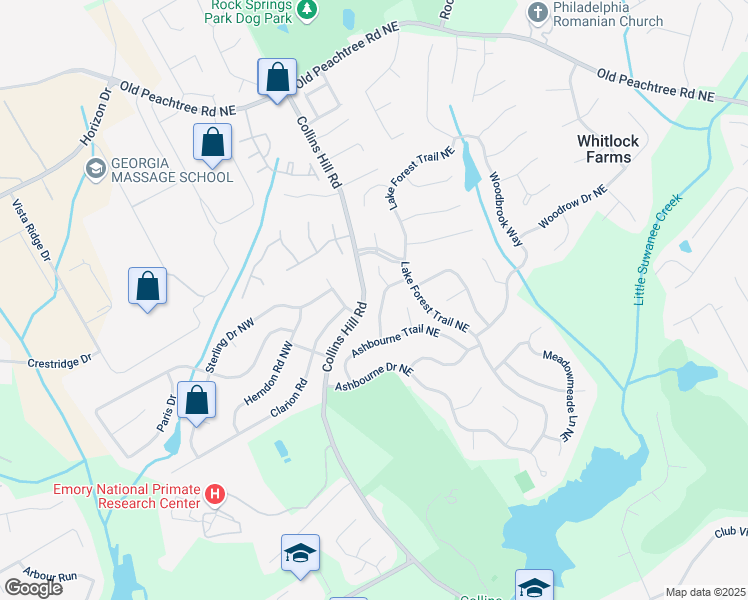map of restaurants, bars, coffee shops, grocery stores, and more near 2607 Edgecrest Point in Lawrenceville
