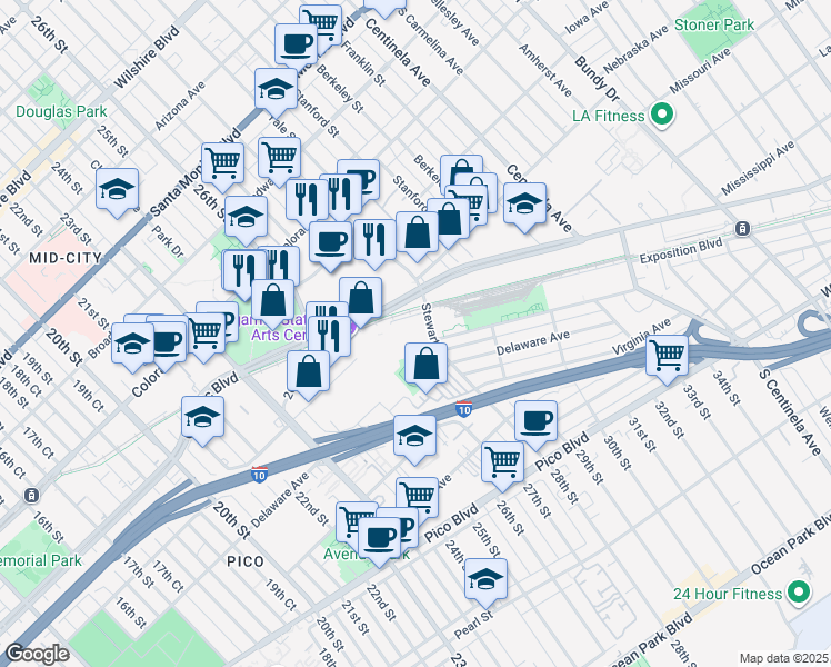 map of restaurants, bars, coffee shops, grocery stores, and more near 1800 Stewart Street in Santa Monica