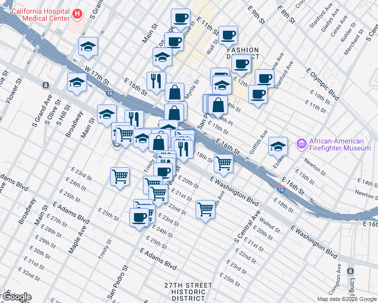 map of restaurants, bars, coffee shops, grocery stores, and more near 1629 San Pedro Street in Los Angeles