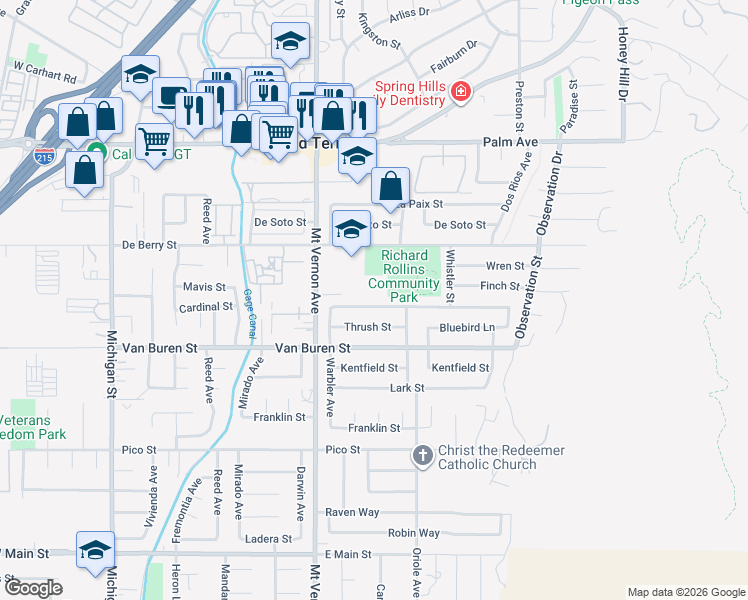 map of restaurants, bars, coffee shops, grocery stores, and more near 22616 Cardinal Street in Grand Terrace