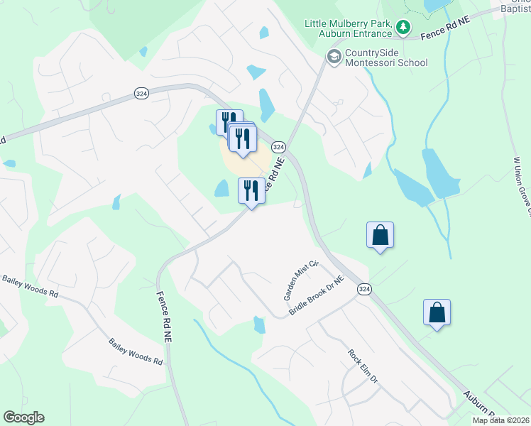 map of restaurants, bars, coffee shops, grocery stores, and more near 3436 Fence Road Northeast in Dacula