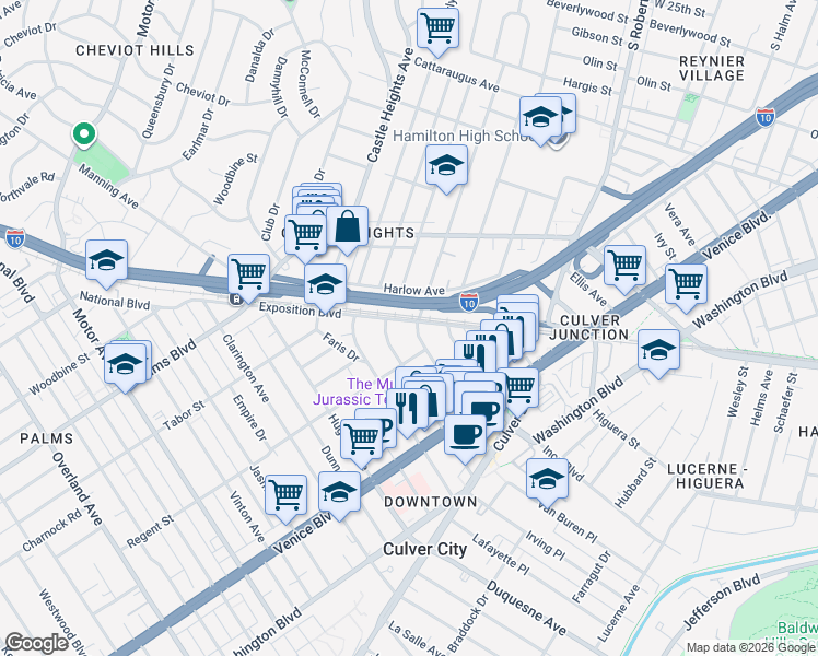 map of restaurants, bars, coffee shops, grocery stores, and more near 9400 Exposition Boulevard in Los Angeles