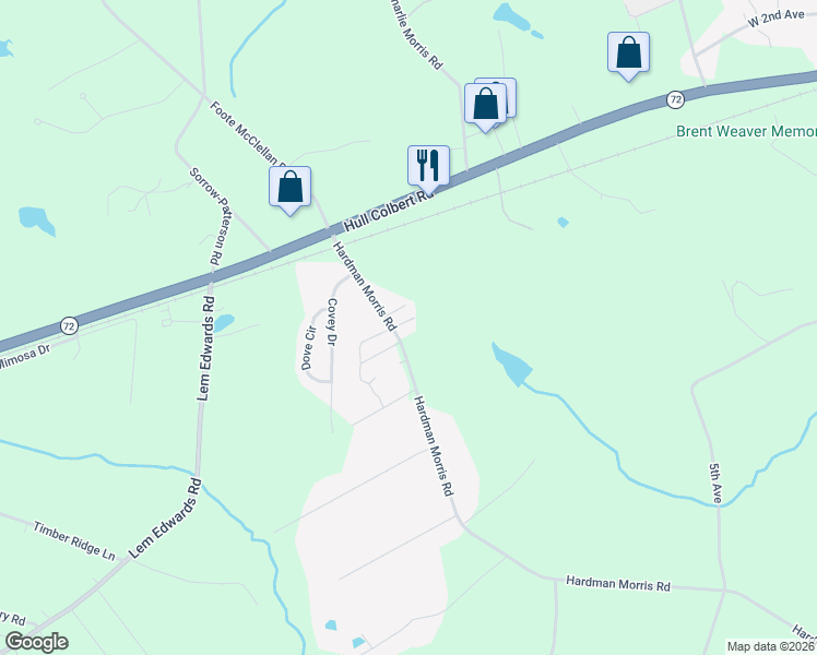 map of restaurants, bars, coffee shops, grocery stores, and more near 3450 Hardman Morris Road in Colbert