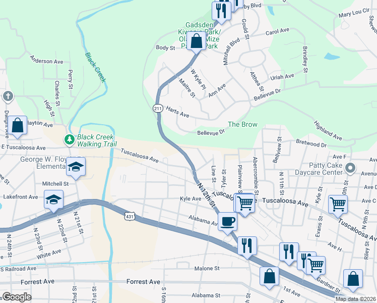 map of restaurants, bars, coffee shops, grocery stores, and more near 617 Noccalula Road in Gadsden