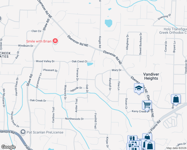 map of restaurants, bars, coffee shops, grocery stores, and more near 1685 Oak Crest Court in Marietta