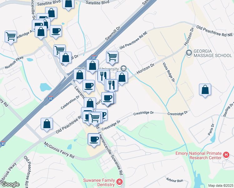 map of restaurants, bars, coffee shops, grocery stores, and more near 2940 Horizon Park Drive in Suwanee