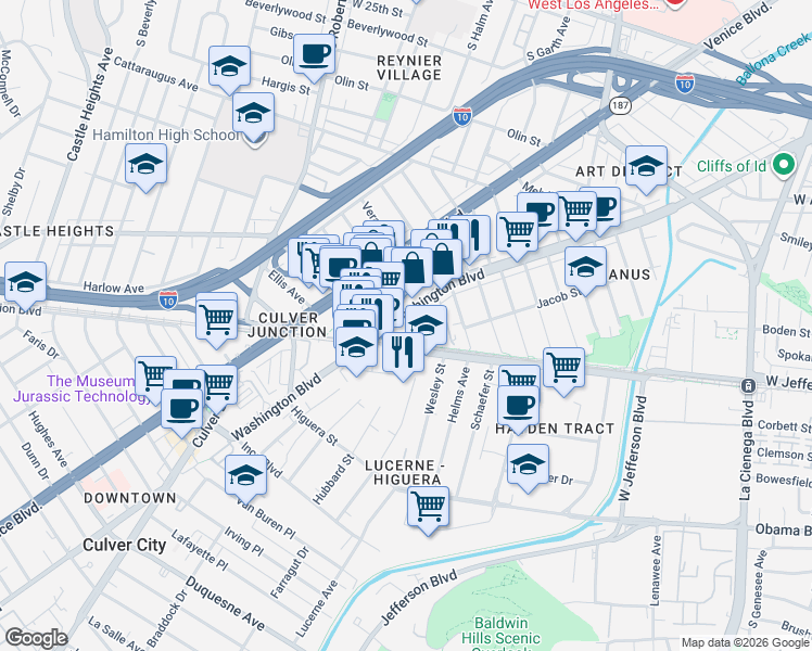 map of restaurants, bars, coffee shops, grocery stores, and more near 8770 Washington Boulevard in Culver City