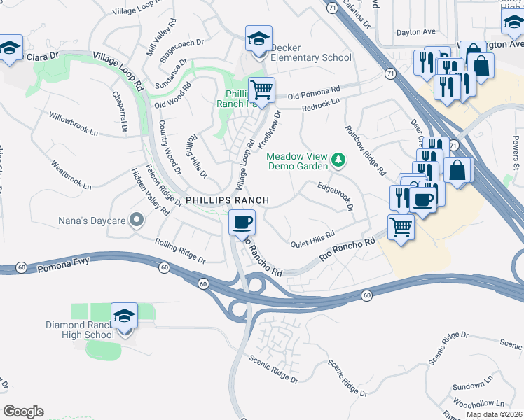 map of restaurants, bars, coffee shops, grocery stores, and more near 1 Pheasant Road in Pomona