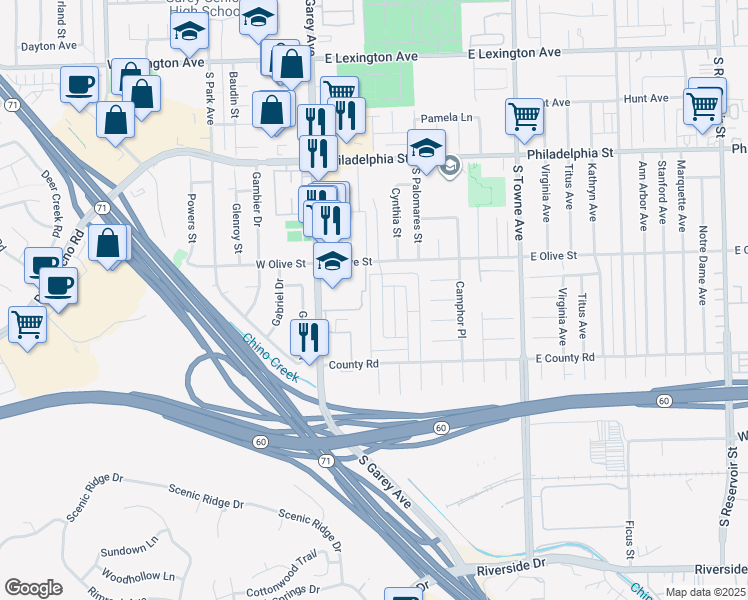 map of restaurants, bars, coffee shops, grocery stores, and more near 2405 Angela Street in Pomona