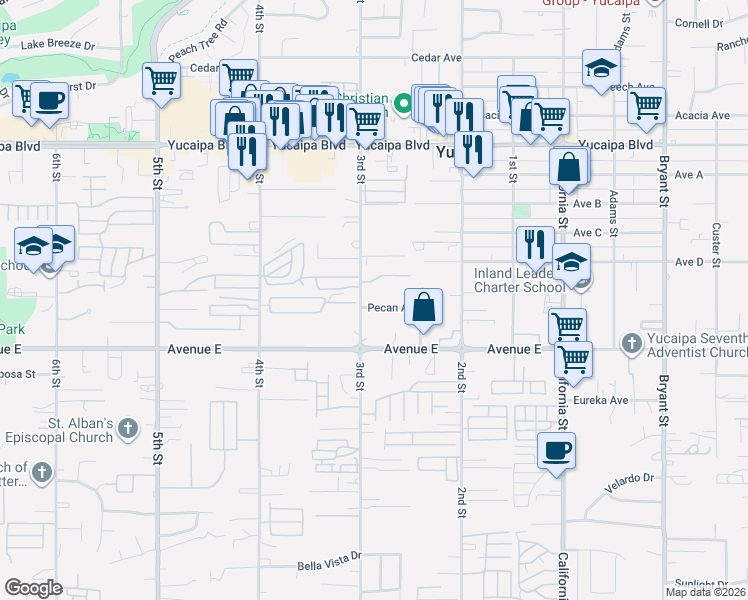 map of restaurants, bars, coffee shops, grocery stores, and more near 34726 Pecan Avenue in Yucaipa