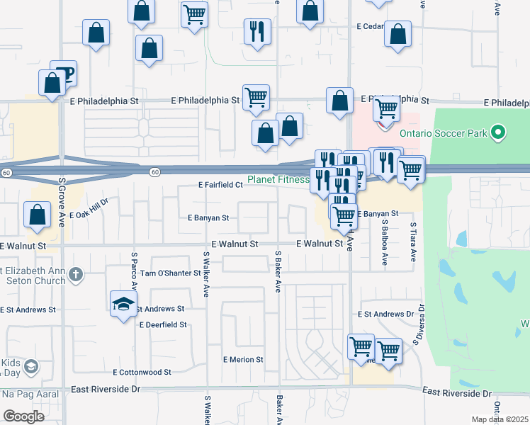 map of restaurants, bars, coffee shops, grocery stores, and more near 1631 East Banyan Court in Ontario