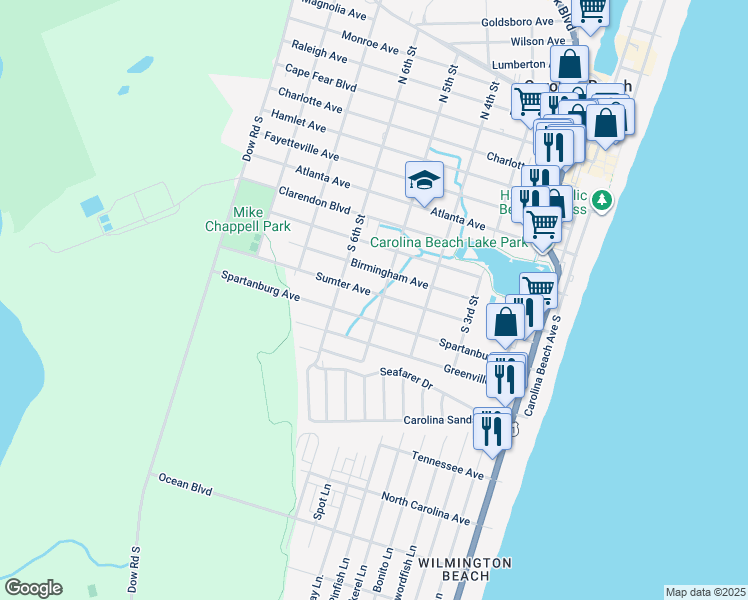 map of restaurants, bars, coffee shops, grocery stores, and more near 501 Sumter Avenue in Carolina Beach