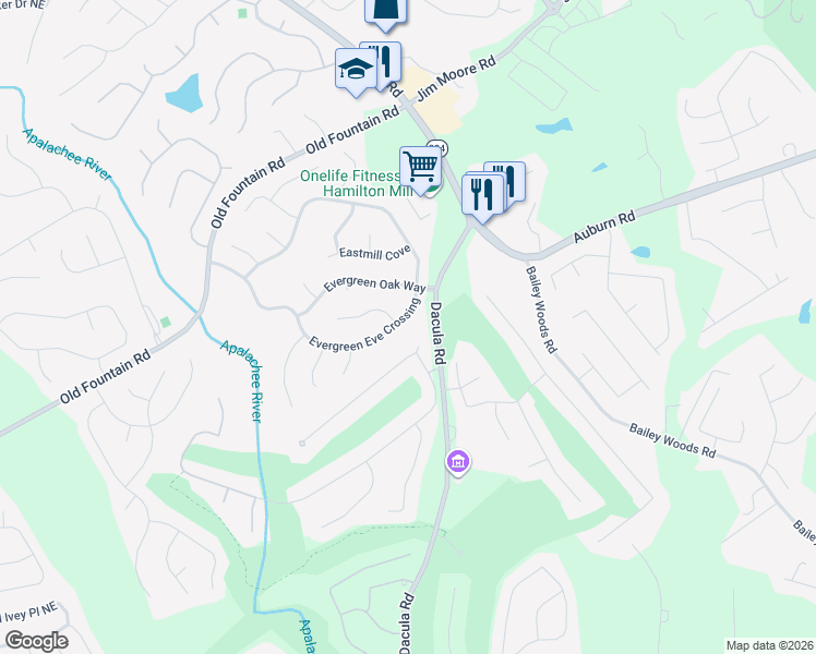 map of restaurants, bars, coffee shops, grocery stores, and more near 2885 Evergreen Eve Crossing in Dacula