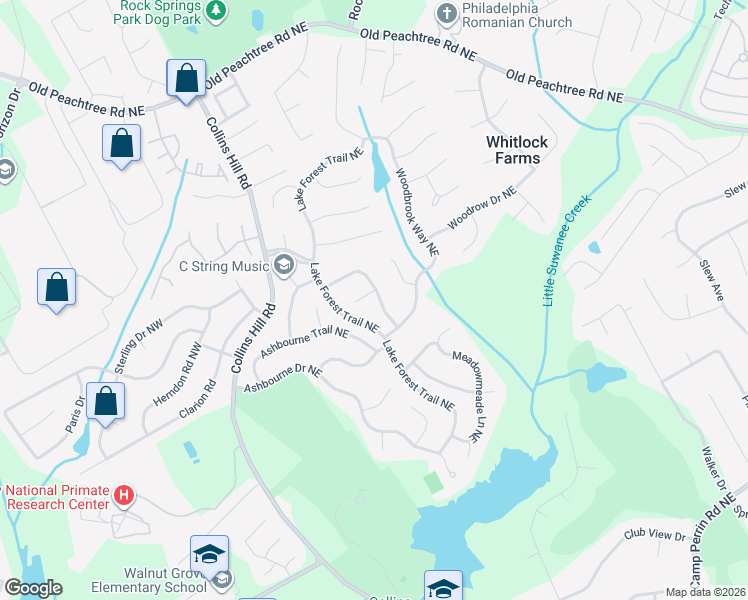 map of restaurants, bars, coffee shops, grocery stores, and more near 2652 Forest Meadow Lane in Lawrenceville