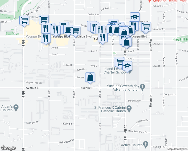 map of restaurants, bars, coffee shops, grocery stores, and more near 12421 Birch Street in Yucaipa