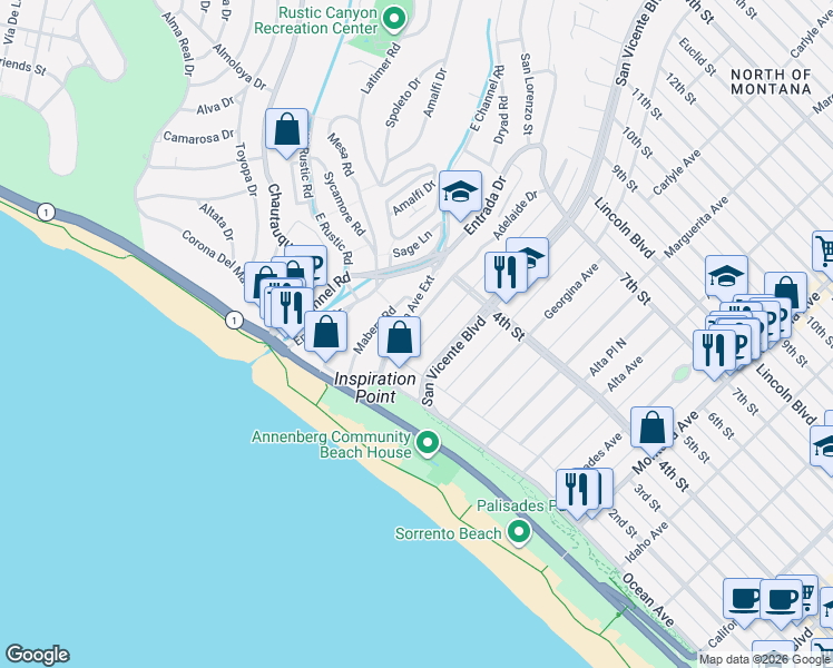 map of restaurants, bars, coffee shops, grocery stores, and more near 208 Adelaide Drive in Santa Monica