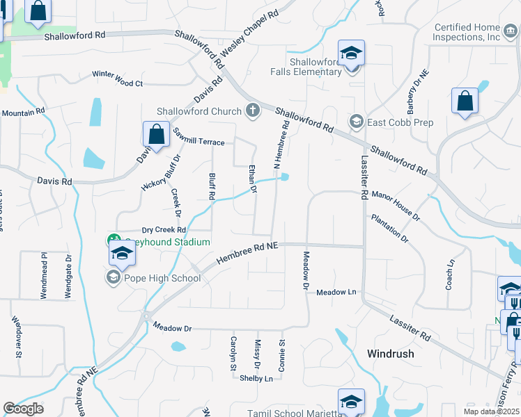 map of restaurants, bars, coffee shops, grocery stores, and more near 3250 Ethan Drive in Marietta