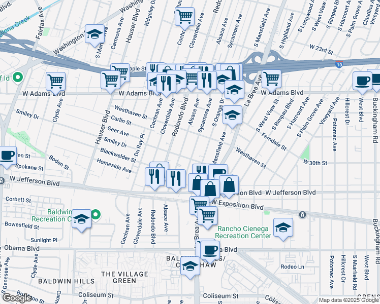 map of restaurants, bars, coffee shops, grocery stores, and more near 2823 South Sycamore Avenue in Los Angeles