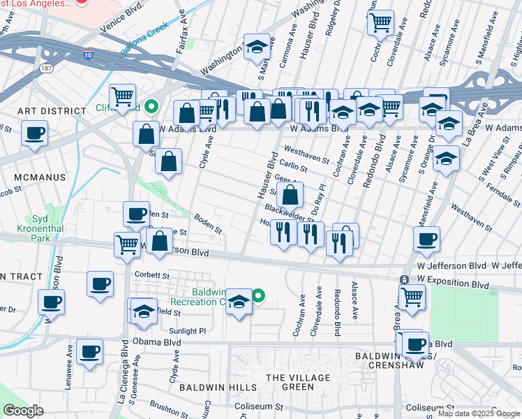 map of restaurants, bars, coffee shops, grocery stores, and more near 5468 Blackwelder Street in Los Angeles
