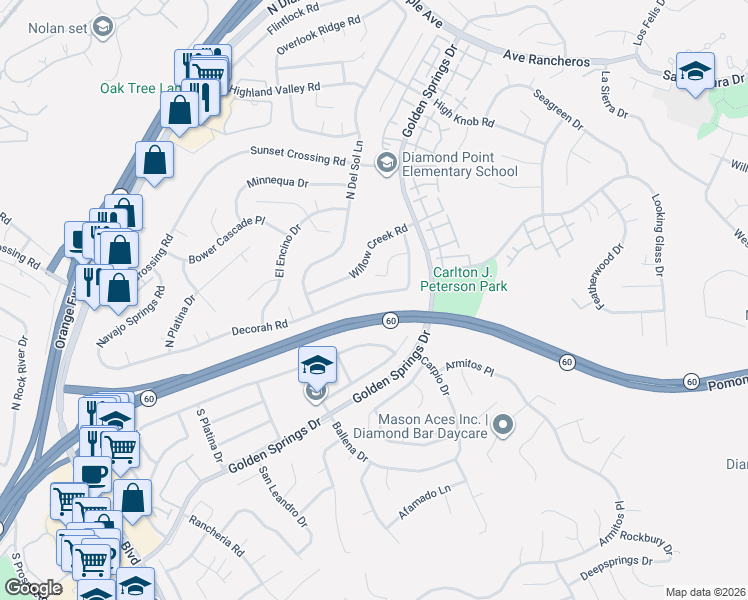 map of restaurants, bars, coffee shops, grocery stores, and more near 24110 Decorah Road in Diamond Bar