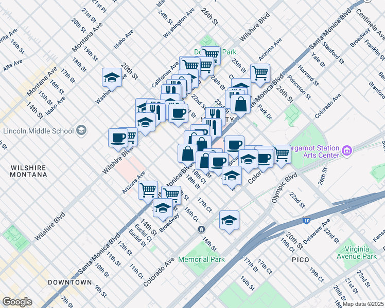 map of restaurants, bars, coffee shops, grocery stores, and more near 1360 20th Street in Santa Monica