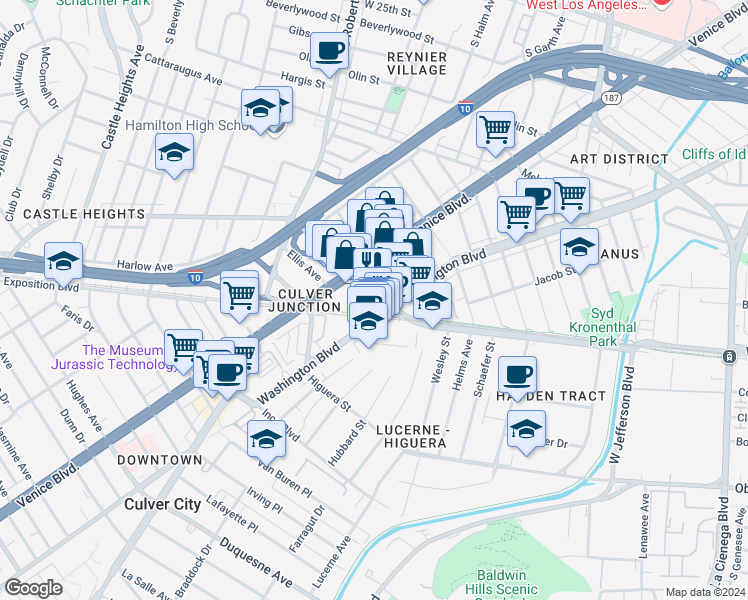 map of restaurants, bars, coffee shops, grocery stores, and more near 8824 National Boulevard in Culver City