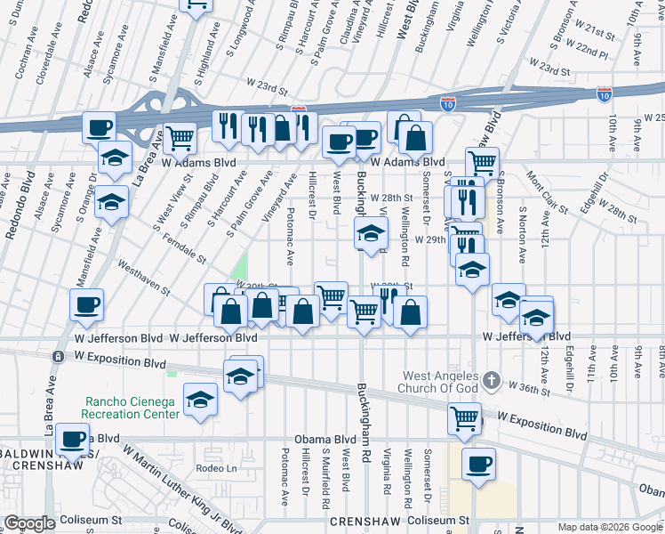 map of restaurants, bars, coffee shops, grocery stores, and more near 2935 West Boulevard in Los Angeles