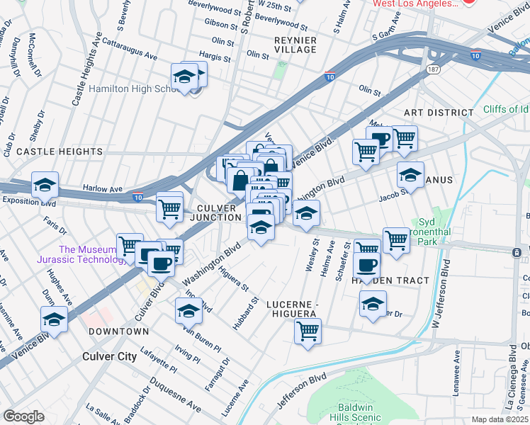 map of restaurants, bars, coffee shops, grocery stores, and more near 8824 National Boulevard in Culver City