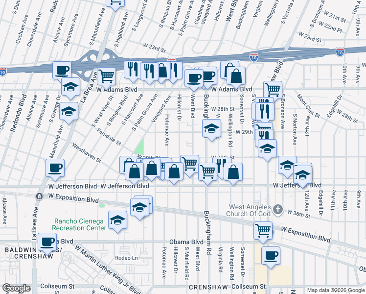 map of restaurants, bars, coffee shops, grocery stores, and more near 2934 Hillcrest Drive in Los Angeles